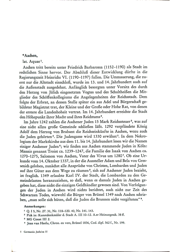 Page from Avneri's Germania Judaica on Aachen.